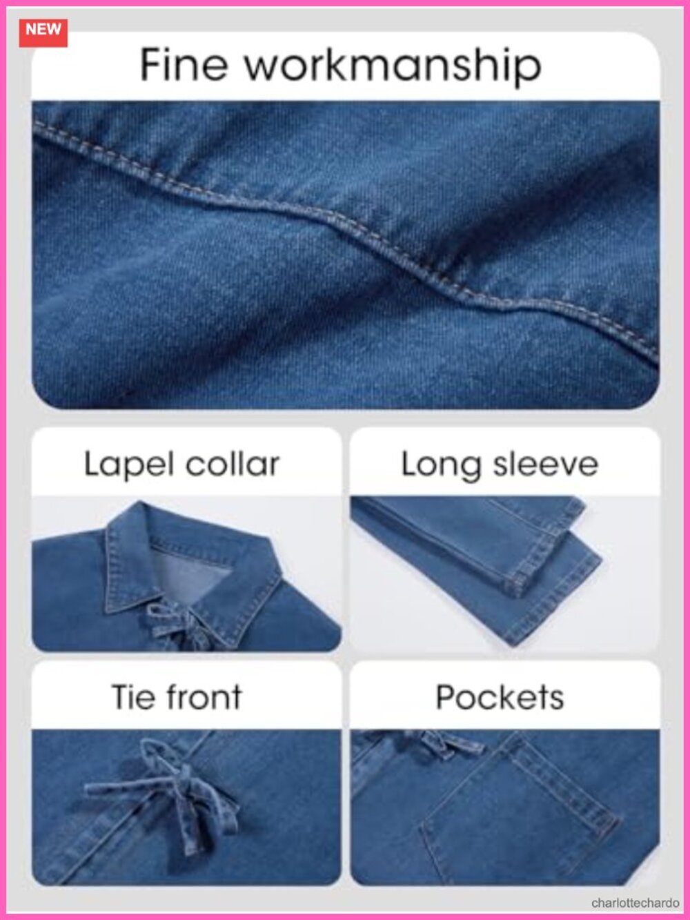 Women's Tie Front Denim Jacket Loose Fit Long Sleeve Shacket with Pockets - Picture 3 of 5